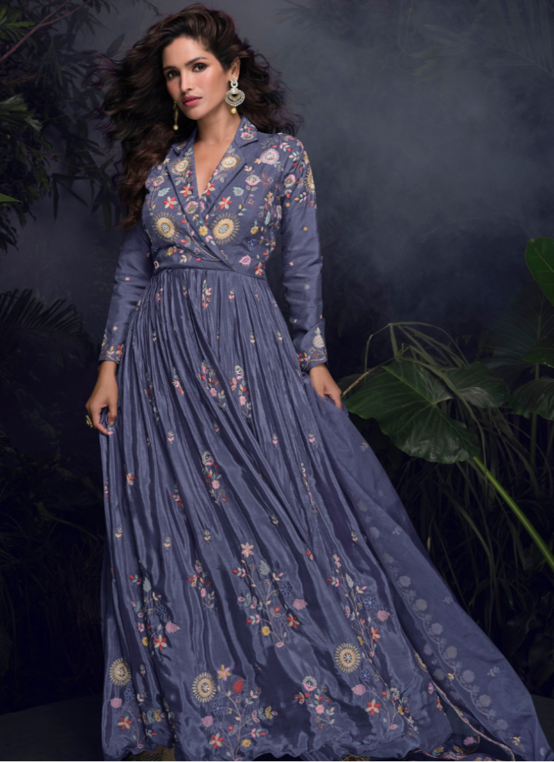 Buy  Blue Chinnon Silk Embroidered Gown for Eid and Wedding