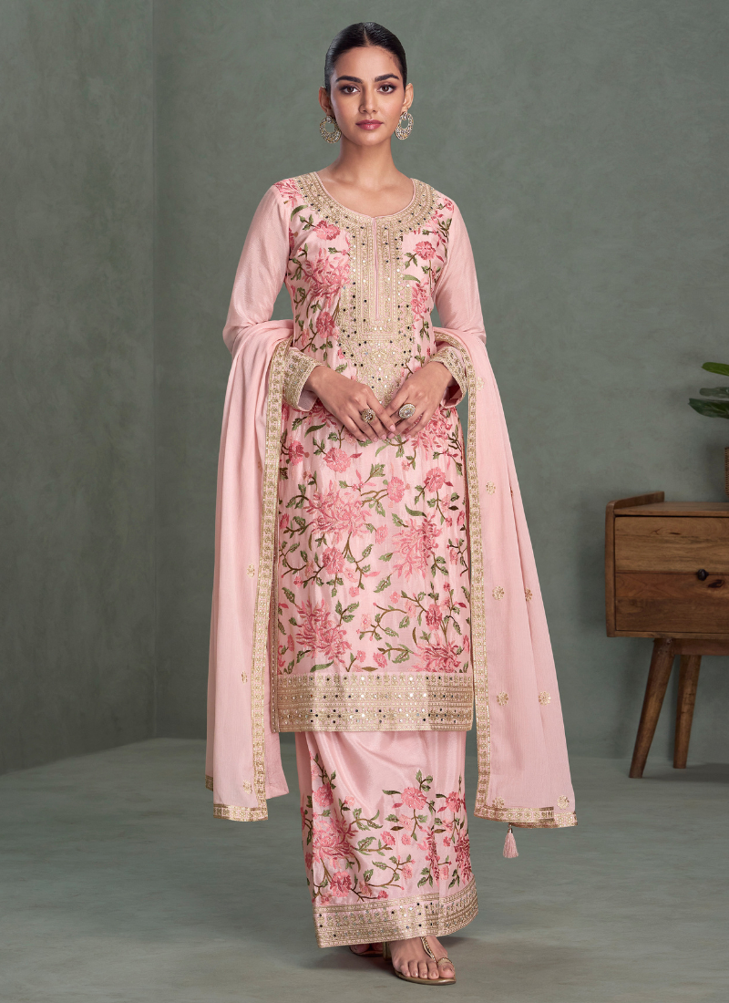 Light Pink Chinnon Silk Embroidered Salwar Kameez with Dupatta for Indian Wedding and Pakistani Festival