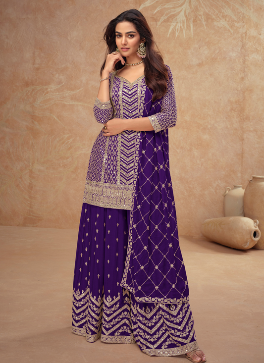 Buy Designer Purple Chinnon Sharara Suit with Dupatta for Pakistani Weddings and Indian Festivals – Embroidery Work