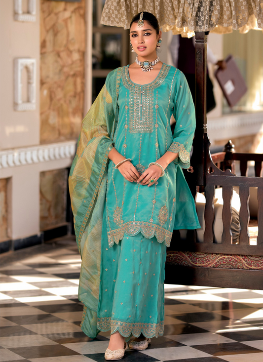 Aqua Blue Simar Embroidered Sharara Suit with Dupatta for Panjabi Weddings