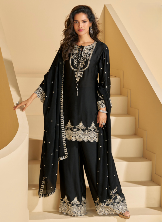 Black Chinnon Silk Sharara Suit for Indian Festival and Pakistani Wedding