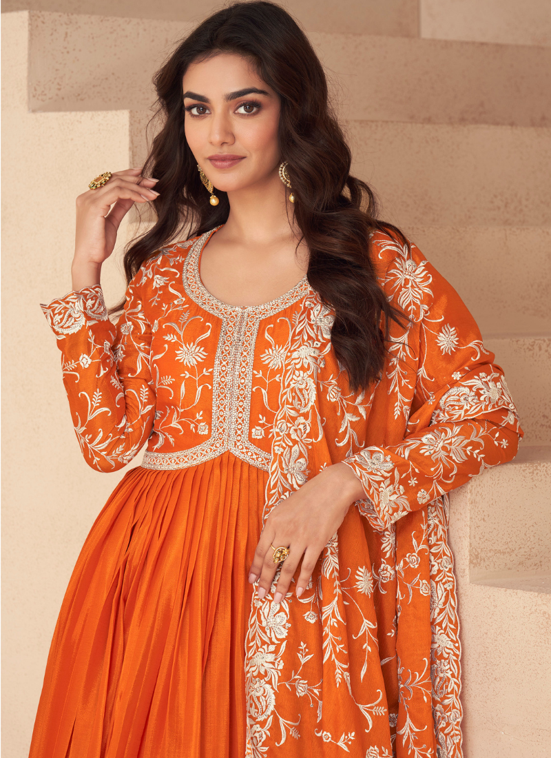 Find occasion-ready Anarkali Gown with dupatta and designer details.