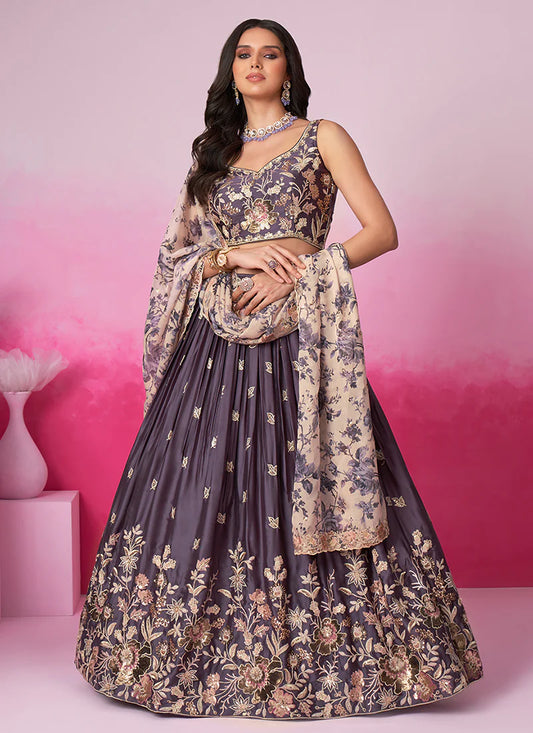 Lilac Purple Thread Work Georgette Suit with Matching Pants