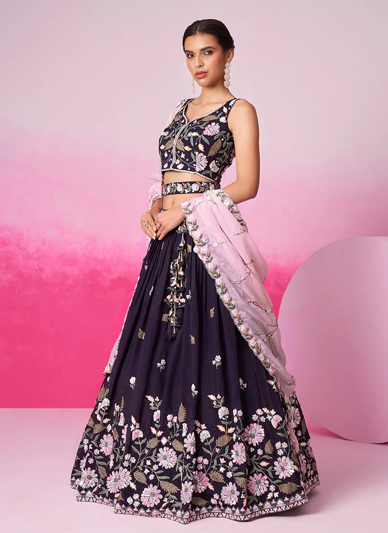 Richly Embroidered Deep Purple Bridal Lehenga Choli