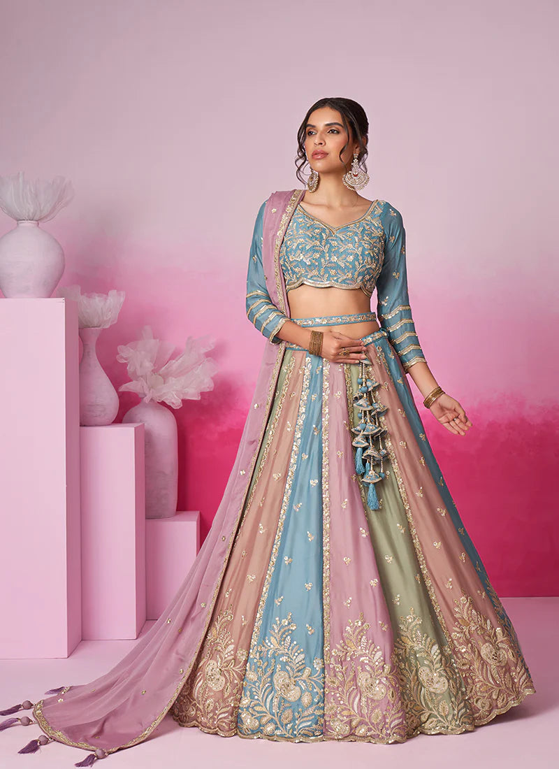 Pink and blue bridal lehenga best sale