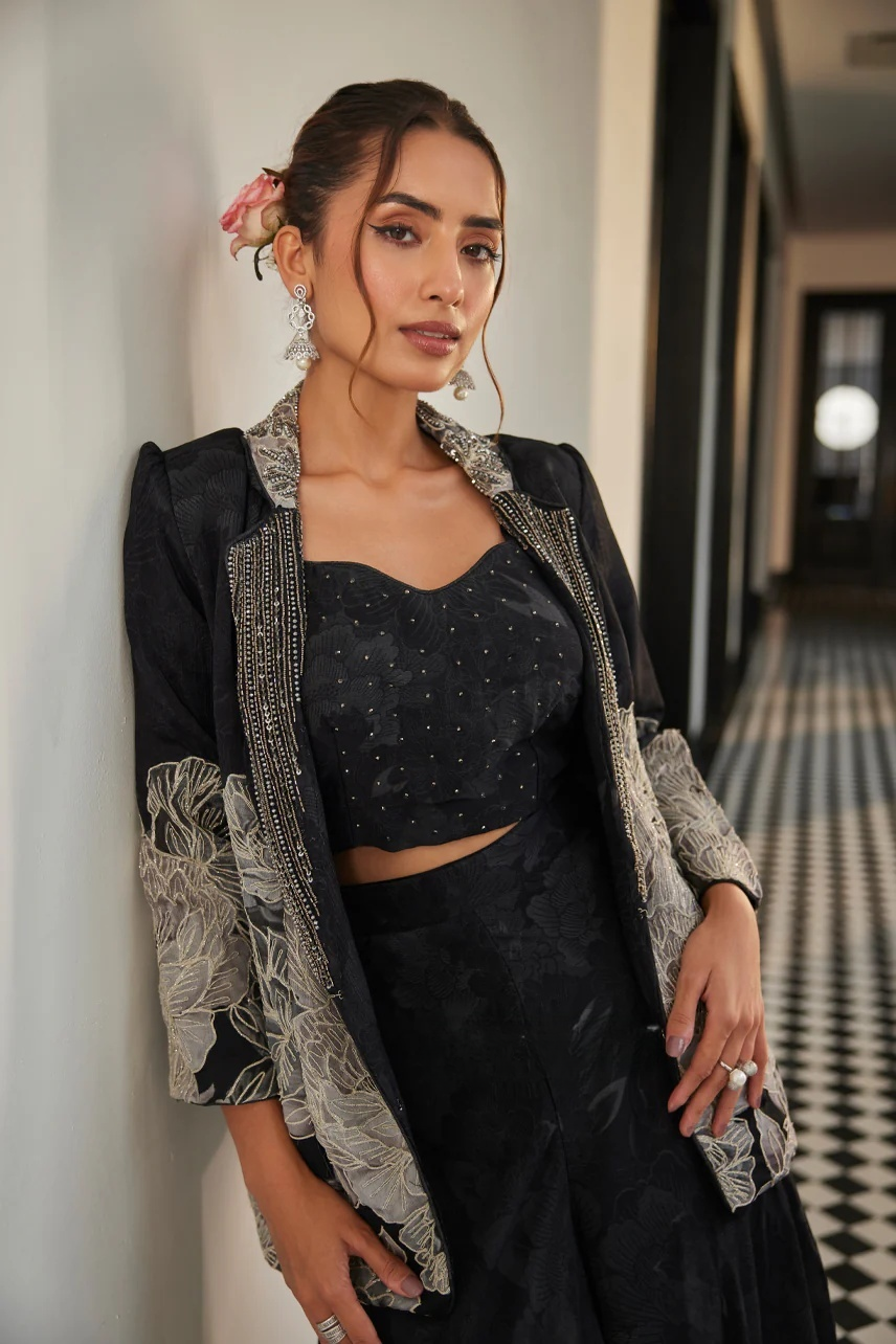 Designer Black Embroidered Floral Jacket with Flared Pants Set for Indian Pakistani Festival Party Wear