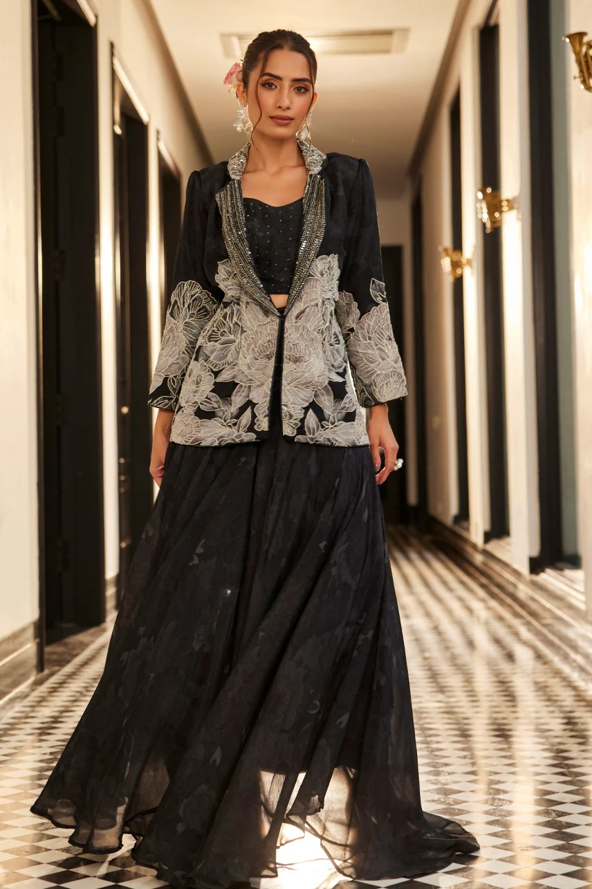 Designer Black Embroidered Floral Jacket with Flared Pants Set for Indian Pakistani Festival Party Wear