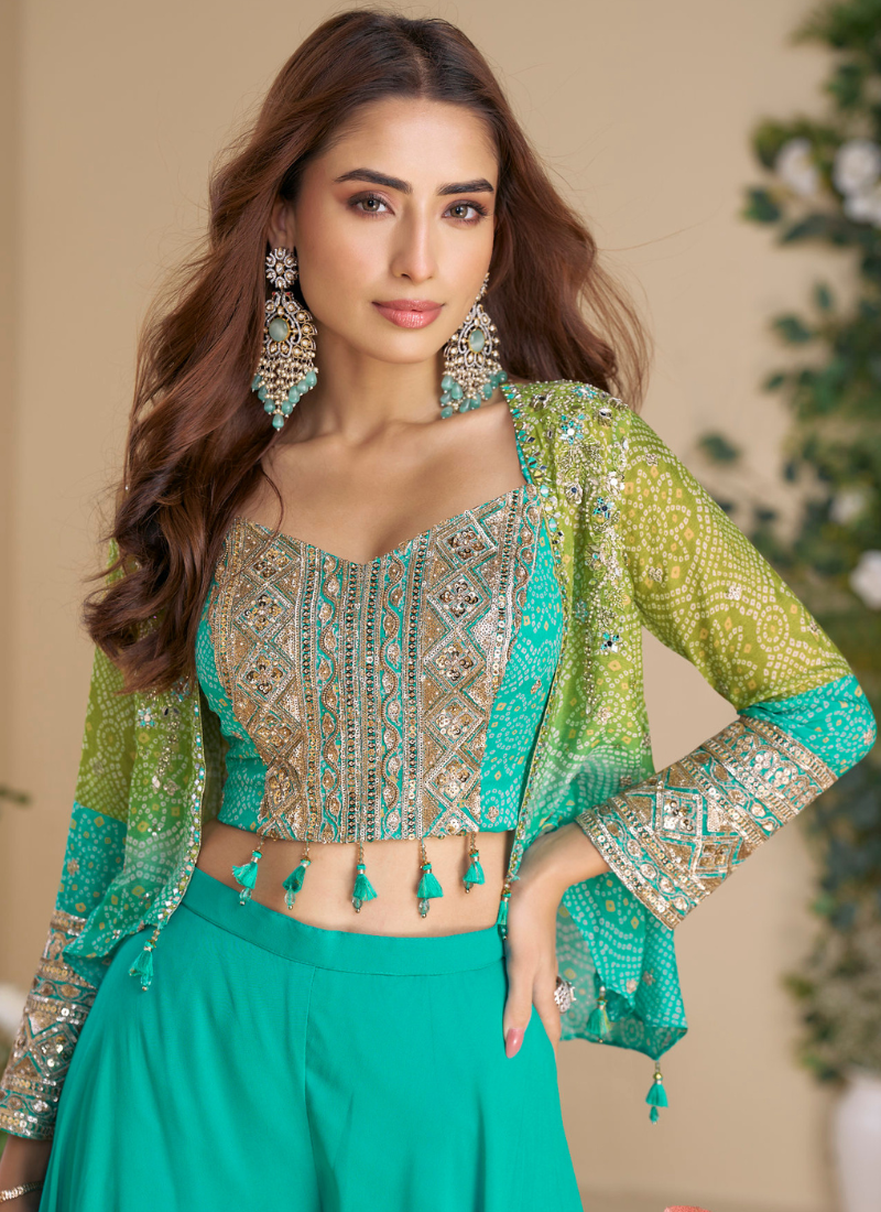 Designer Teal Green Chinon Silk Indo-Western Set with Embroidered Blouse and Shrug – Indian Pakistani Wedding Look