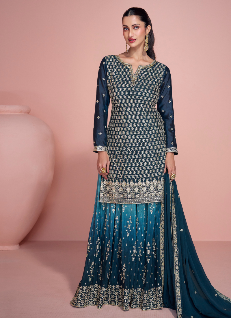 Turquoise Ombré Chinnon Silk Long Sleeve Sharara Suit with Dupatta