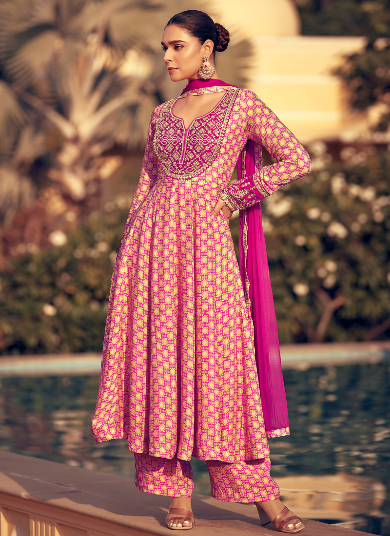 Pink Chinnon Anarkali suit with Pant and Dupatta