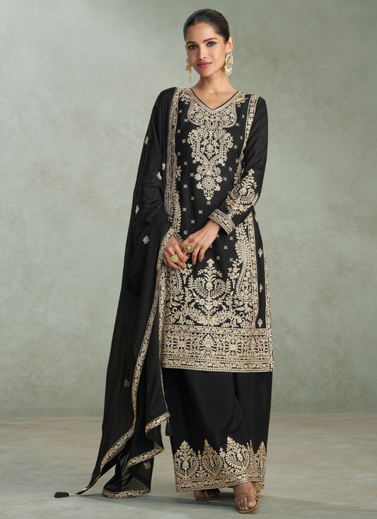 Black Chinon Silk Embroidered Palazzo Suit For Indian Wedding and Pakistani Festival