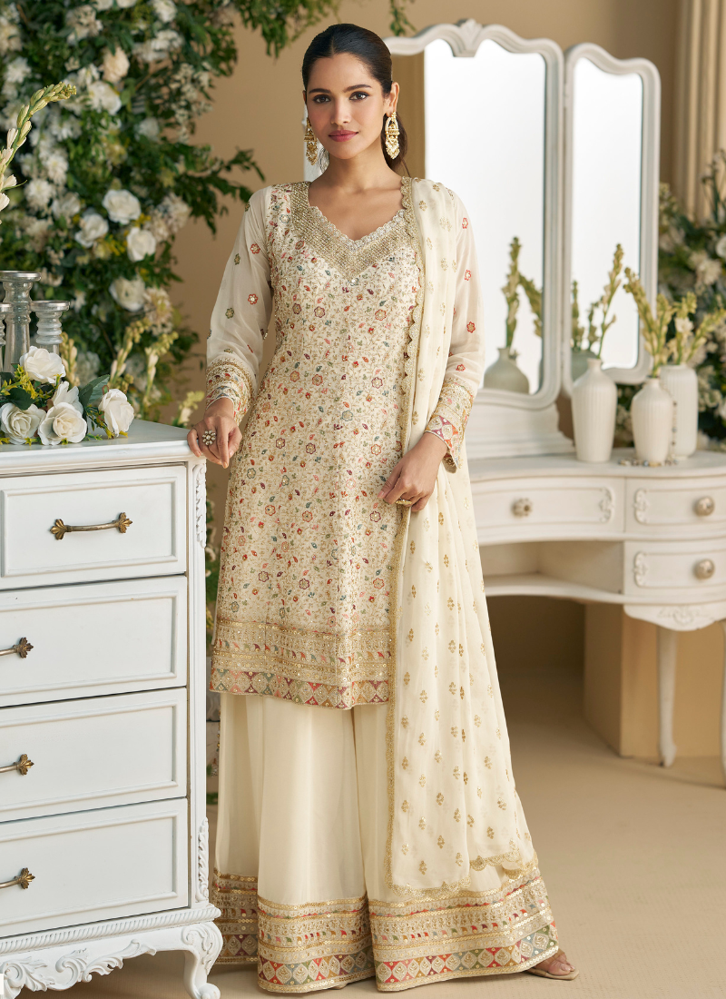 Party Wear Ivory Gold Ggeorgette Long Sleeves Sharara Suit