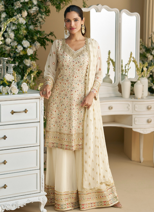 Party Wear Ivory Gold Ggeorgette Long Sleeves Sharara Suit