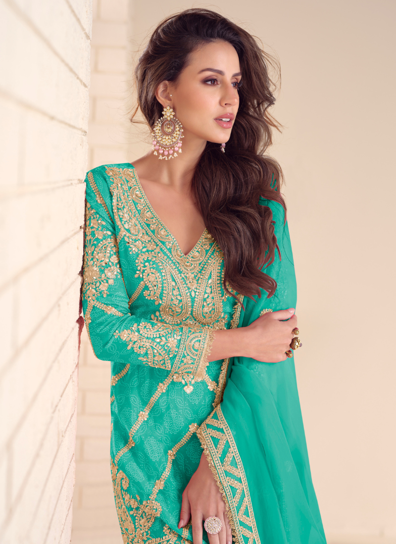 Teal Green Chinon Palazzo Suit With Dupatta for Punjabi Wedding