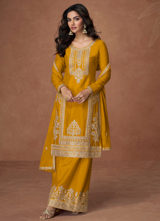MUSTARD YELLOW CHINON SILK SALWAR KAMEEZ WITH DUPATTA FOR PAKISTANI WEDDING AND FESTIVAL