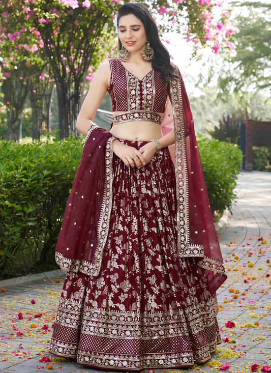 Marron Dola Silk Embroidered Lehenga Choli for Pakistani Festival and Wedding Functions – With Dupatta