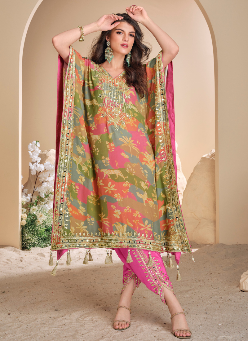 Multicolor Viscose Silk Kaftan with Pink dhoti for Indian Festival and Pakistani Wedding- Mirror Work