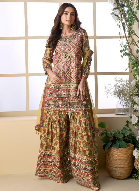 Ochre Yellow Viscose Crepe Silk Embroidered Sharara Suit with Zari & Gota Patti