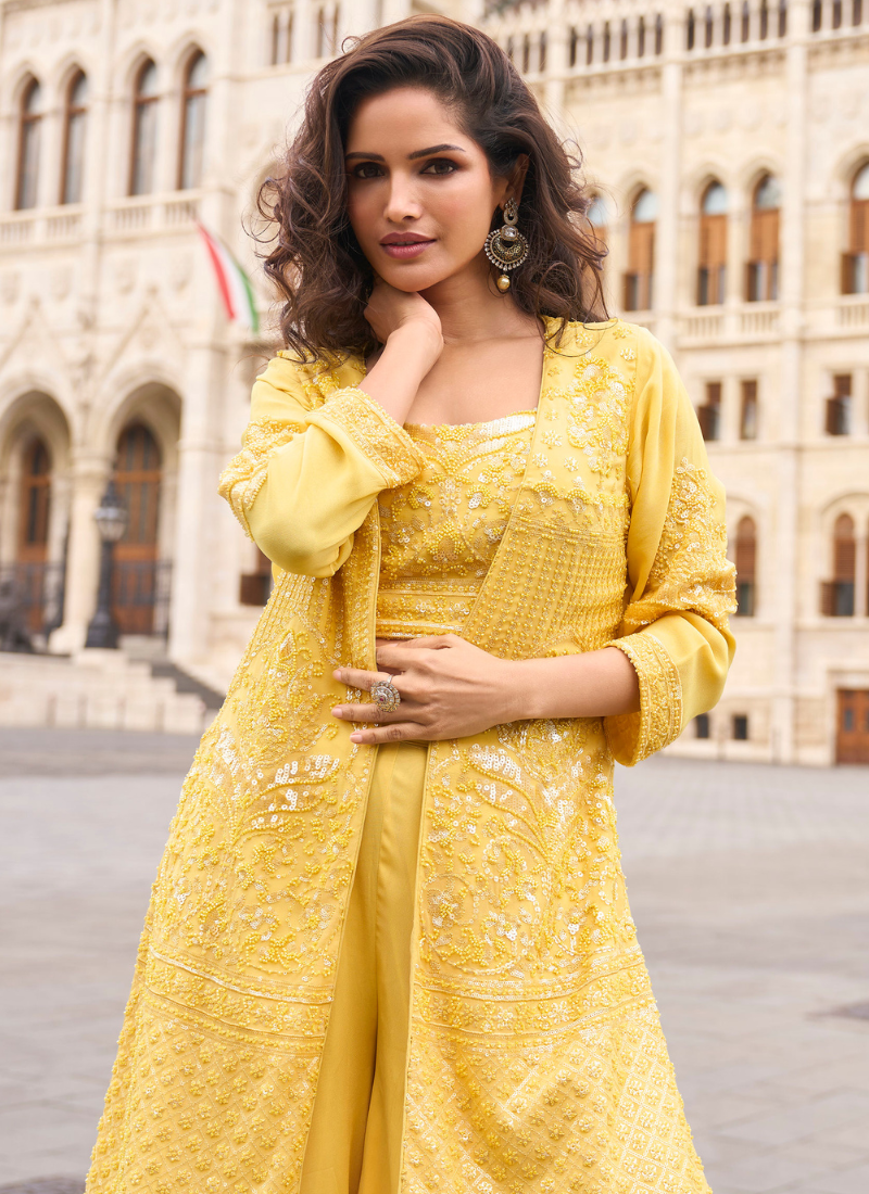 Designer Yellow Indo-Western Georgette Jacket Style Shrug with Palazzo
