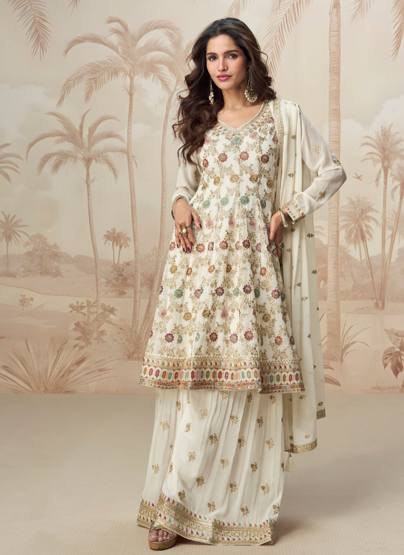 Off White Georgette Long Sleeves Sharara Suit with Dupatta for Indian Wedding and Pakistani Festival