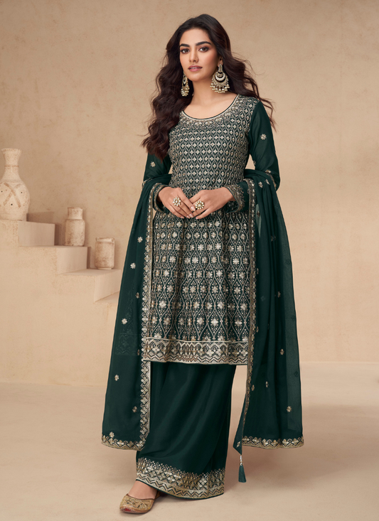 Shop Online Green Chinnon Silk Sharara Suit with Dupatta