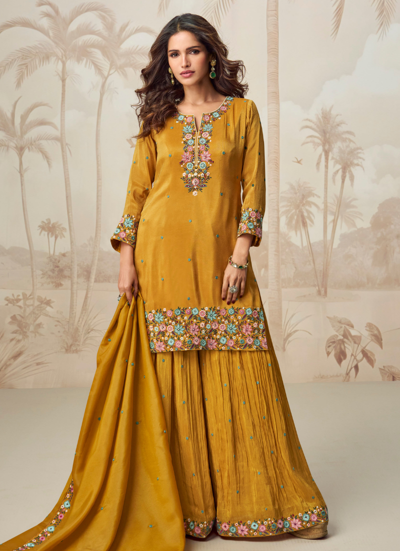 Mustard Yellow Organza Sharara Suit with Dupatta for Indian Pakistani Wedding and Festival