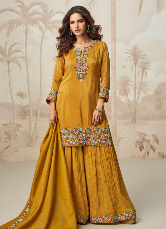 Mustard Yellow Organza Sharara Suit with Dupatta for Indian Pakistani Wedding and Festival