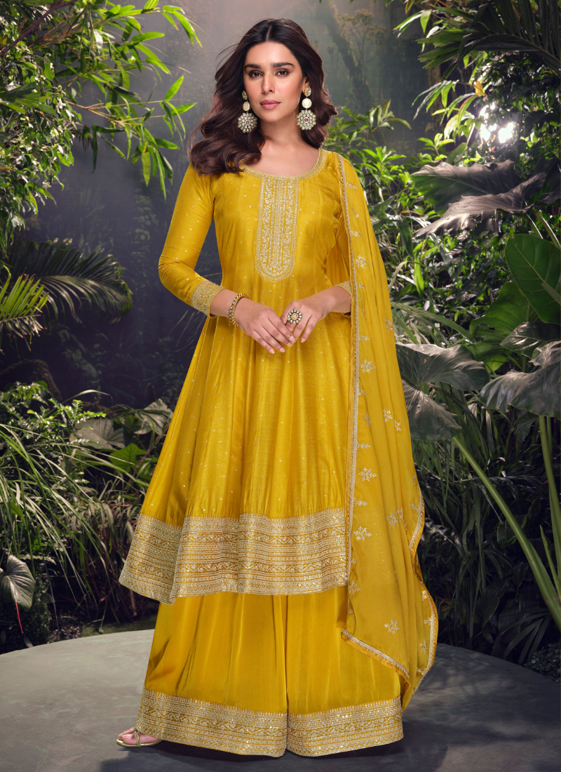 Buy Designer Yellow Viscose Jacquard Silk Embroidery Sharara Suit with Dupatta for Indian Festivals and Pakistani Weddings