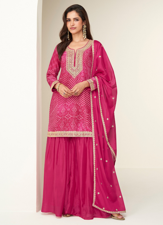 Designer Rani Pink Sharara Suit with Zari Embroidery with Dupatta for Indian Wedding and Pakistani Festival
