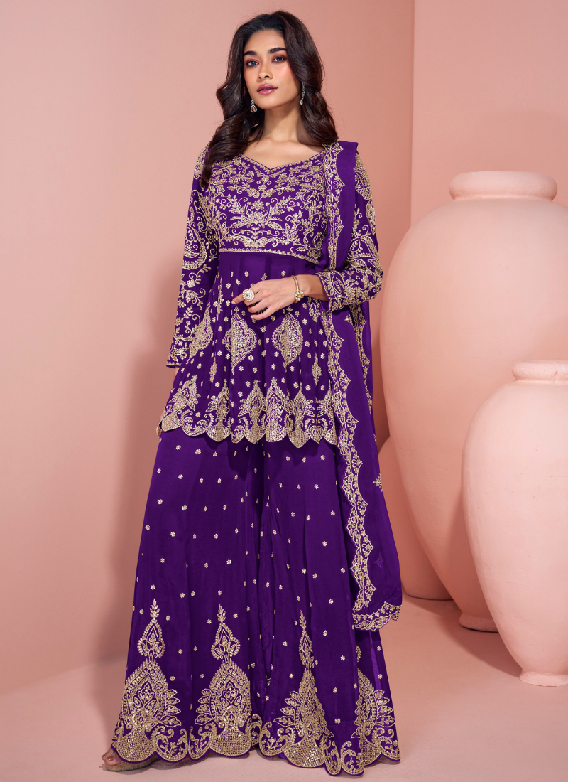 Royal Purple Georgette Long Sleeves Sharara Suit with Dupatta for Indian Festival and Pakistani Wedding
