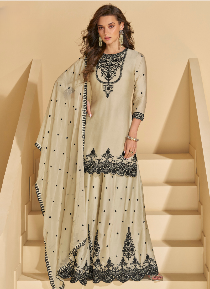 Cream Chinnon Silk Sharara Suit for Indian Festival and Pakistani Wedding