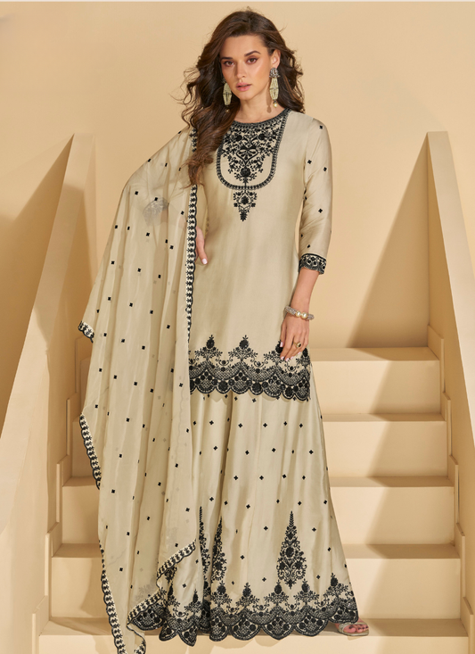 Cream Chinnon Silk Sharara Suit for Indian Festival and Pakistani Wedding