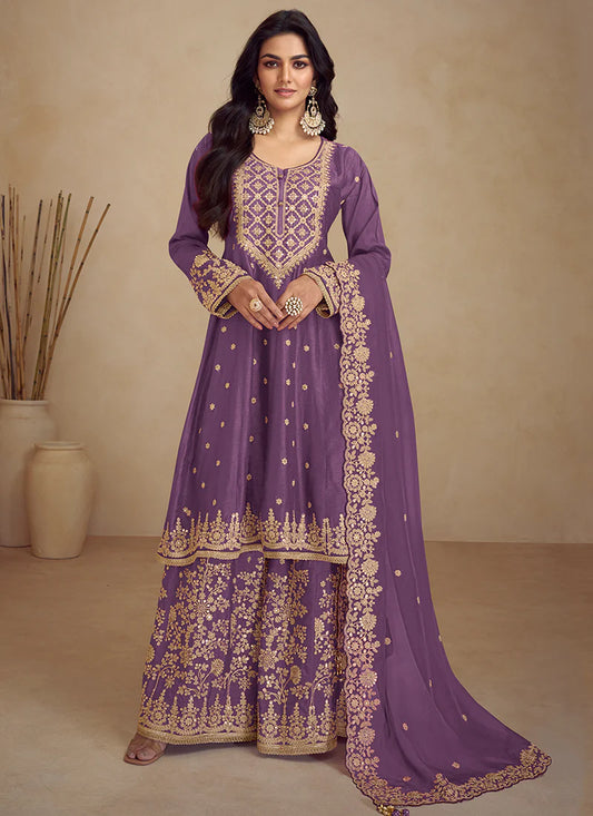 Vibrant Purple Wedding Sharara Suit with dupatta Multi-Embroidery