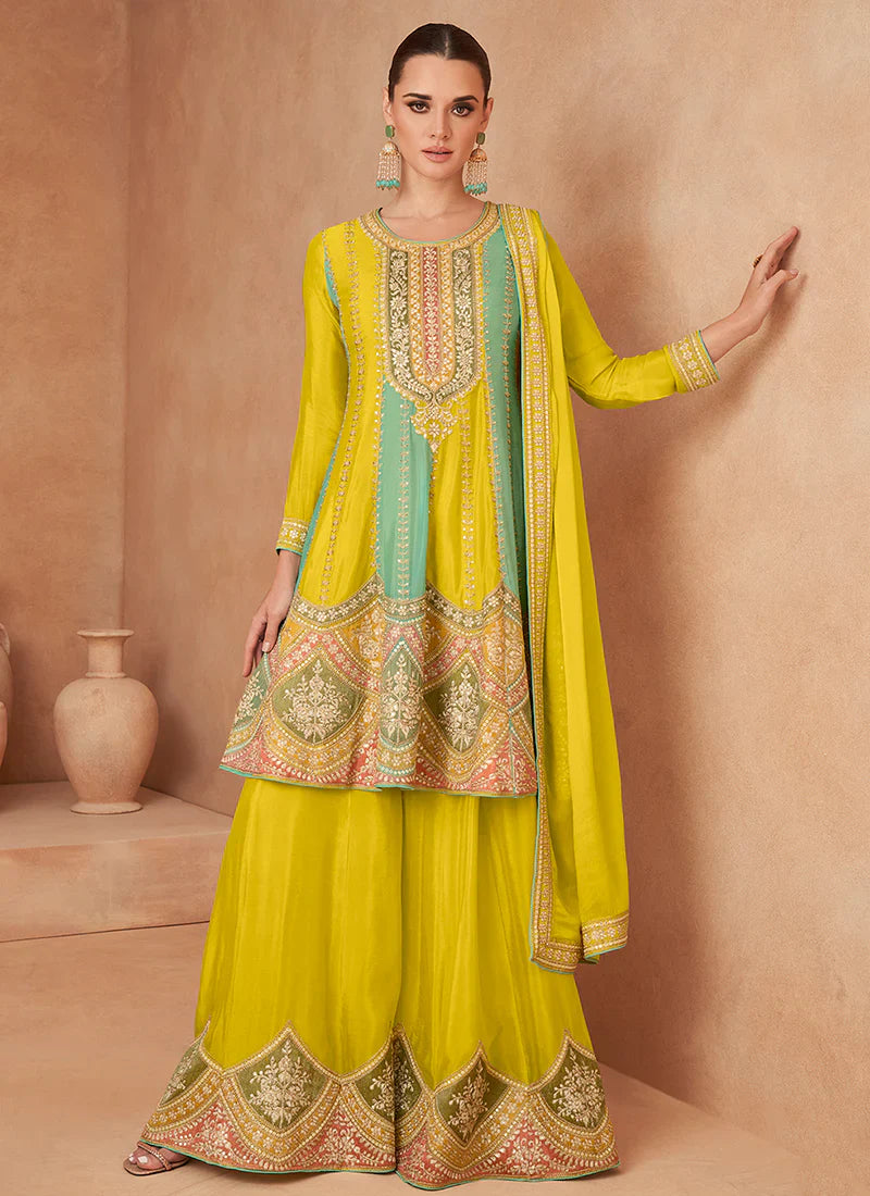 Shop Lemon Yellow Designer Sharara Suit with Embroidery
