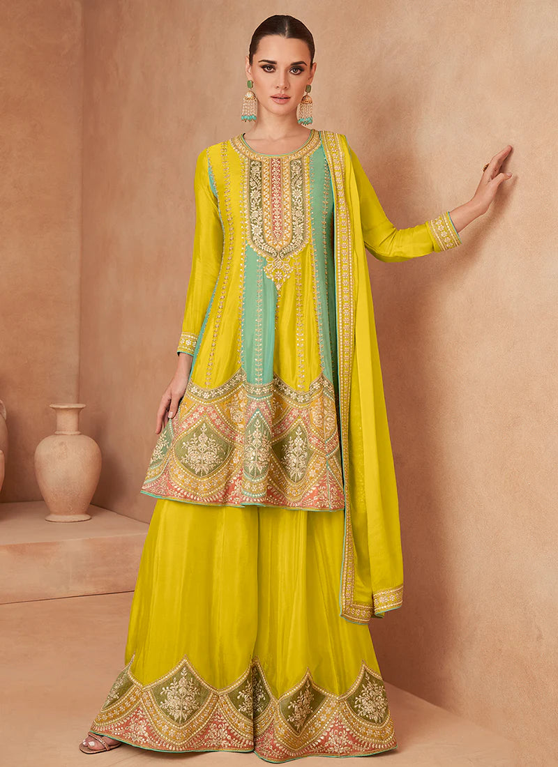 Shop Lemon Yellow Designer Sharara Suit with Embroidery