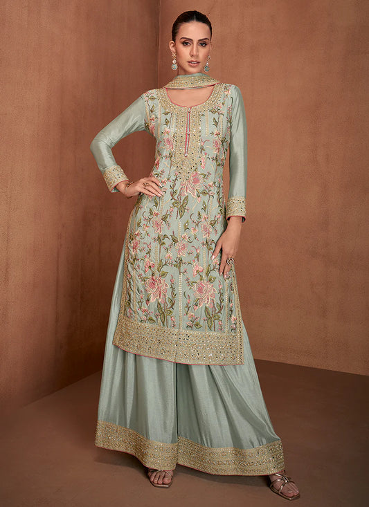 Mint Green Palazzo Suit with Floral Embroidery for Festive Celebrations