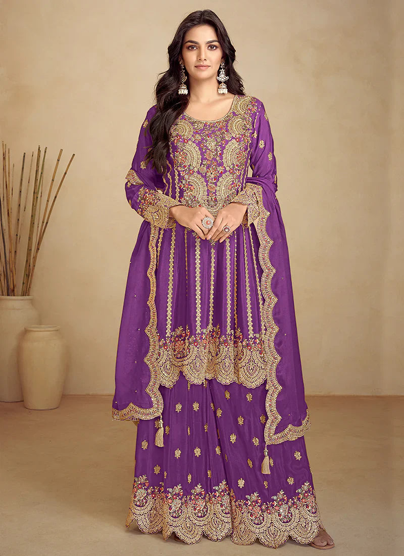 Designer Purple Gharara Suit with Intricate Embroidery