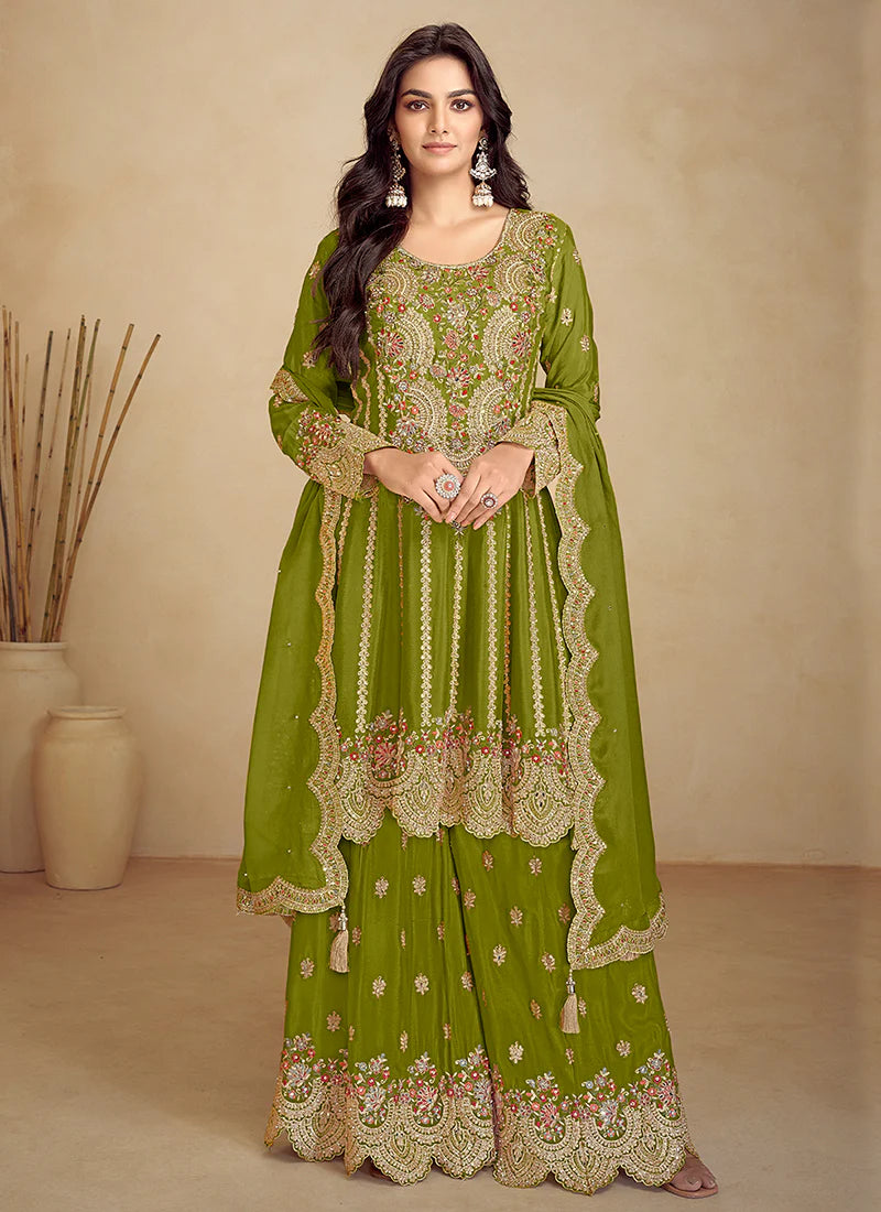 Designer Green Gharara Suit with Intricate Embroidery