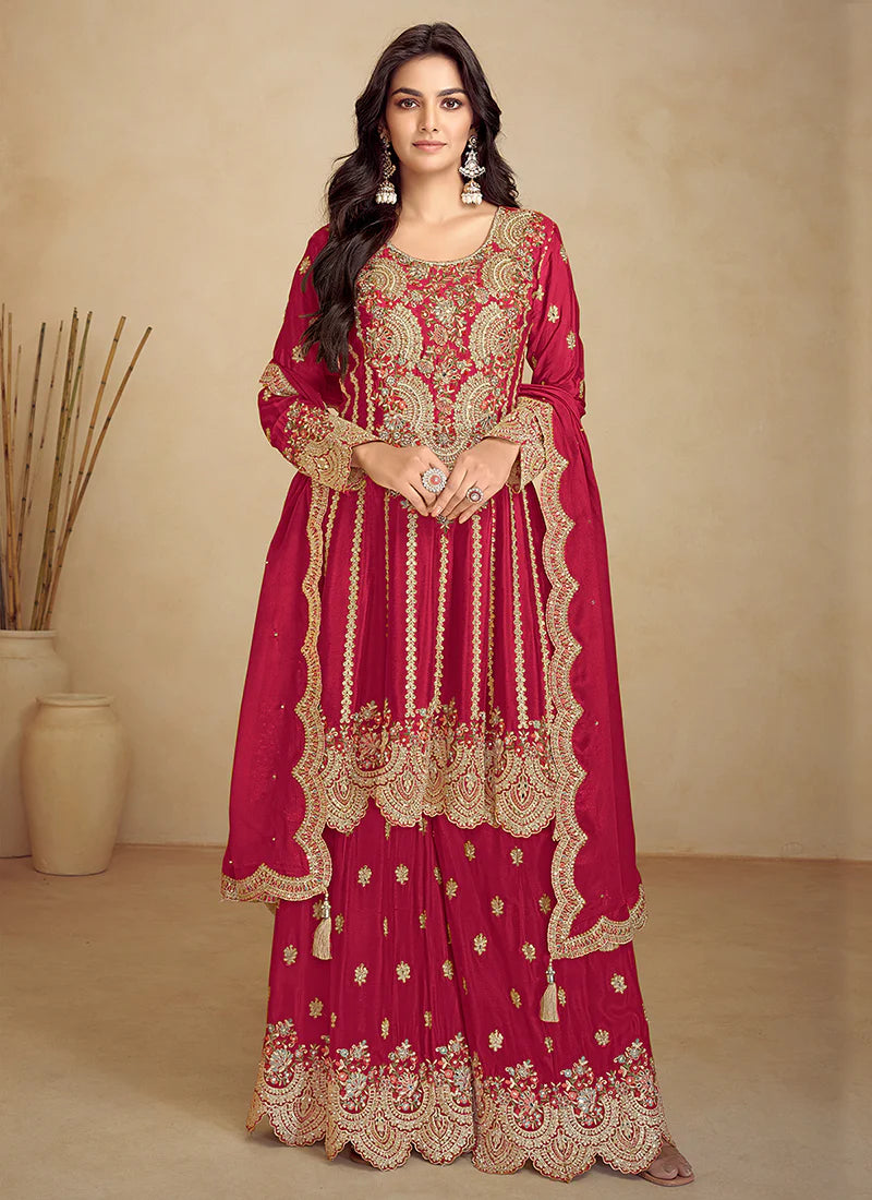 Designer Magenta Gharara Suit with Intricate Embroidery