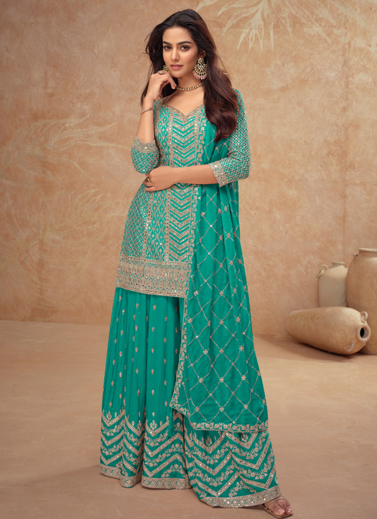 Designer Teal Chinnon Sharara Suit with Dupatta for Pakistani Weddings and Indian Festivals – Embroidery Work