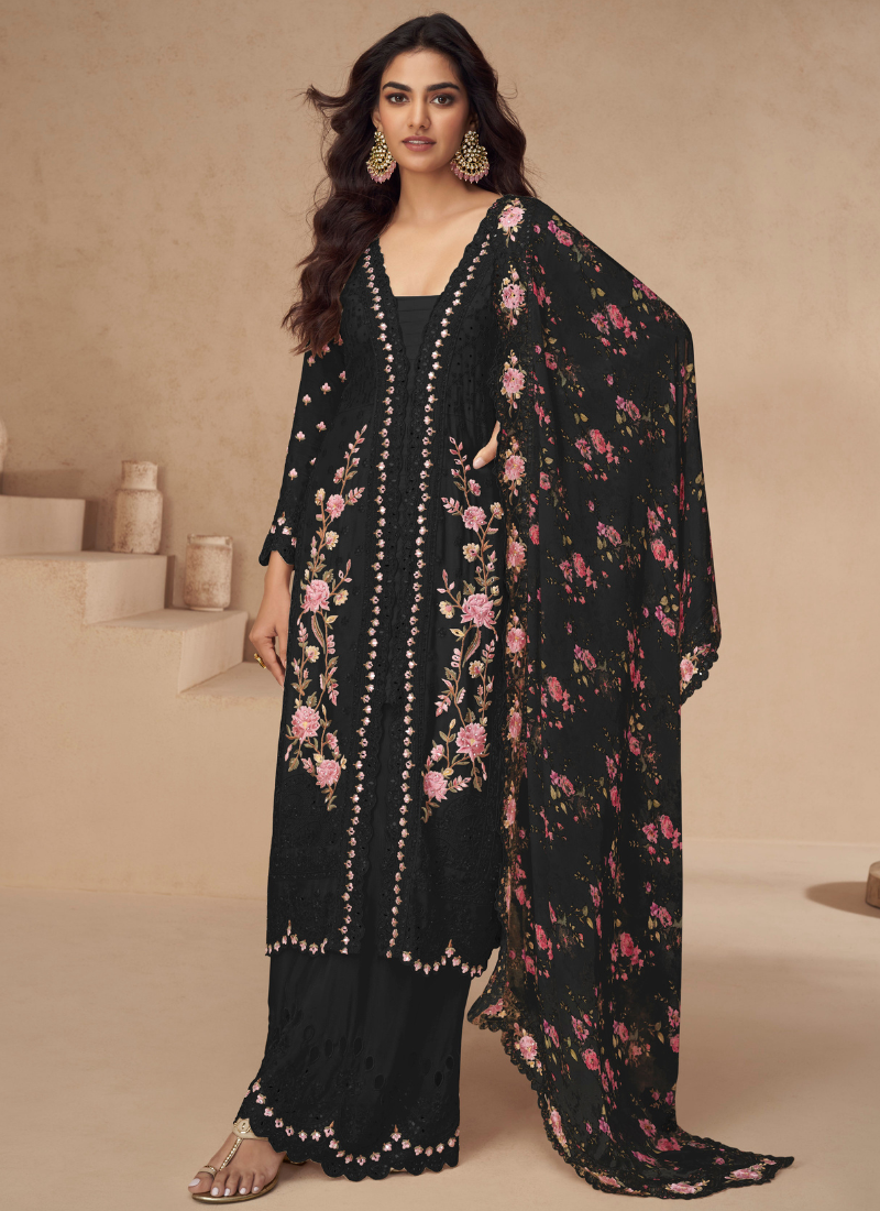 Black Chinnon Silk Embroidered Palazzo Suit with Dupatta for Pakistani Wedding and Indian Festival – Mirror and Thread Work