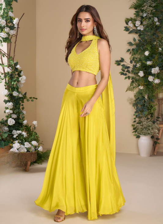 Yellow Real Chinon Silk Indo-Western Plazzo Set for Indian Wedding and Pakistani Festival Wear