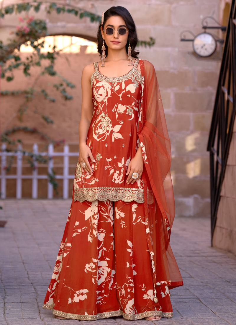 Rust Red Floral Chinnon Embroidered Sharara Suit with Dupatta for Indian Wedding and Pakistani Festival – Zari and Sequin Detailing