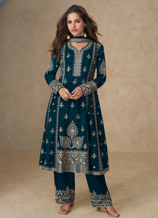 Teal Blue Chinon Silk Palazzo Suit with Dupatta for Indian and Pakistani Party Wear