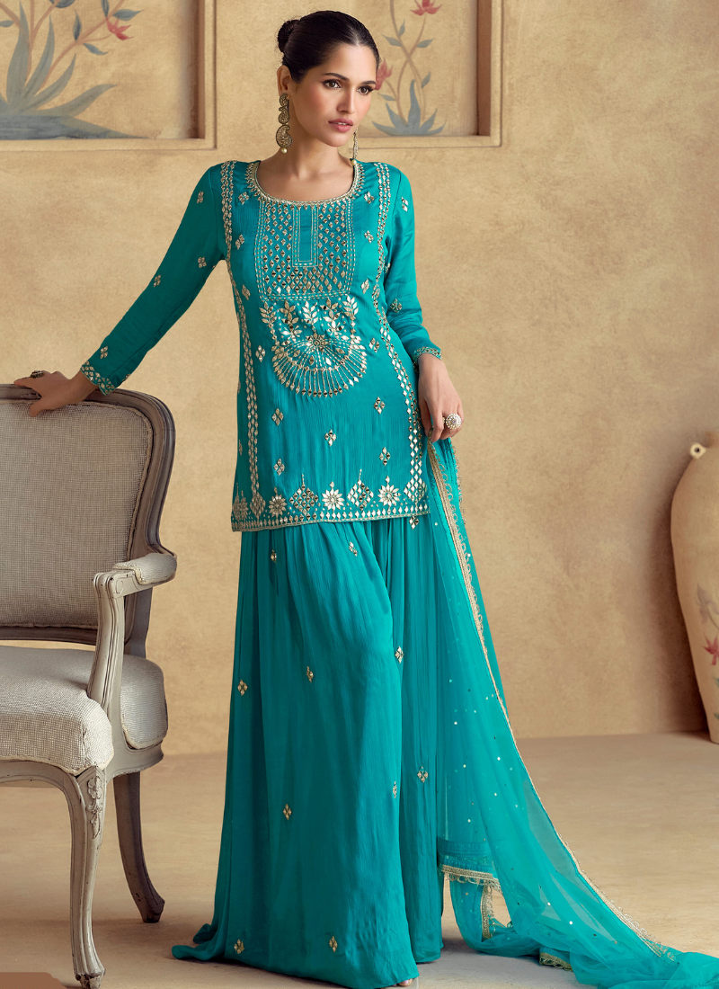 Buy Aqua Blue Chinnon Silk Embroidered Sharara Suit with Dupatta Perfect for Indian Wedding & Pakistani Festival L (40") Buy Aqua Blue Chinnon Silk Embroidered Sharara Suit with Dupatta Perfect for Indian Wedding & Pakistani Festival L (40")