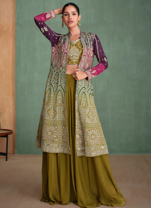 Designer Mehendi Georgette Indo Western Suit with Multicolor Embroidered Jacket