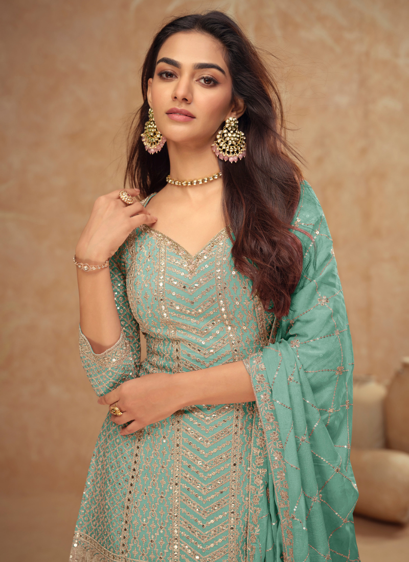 Buy Sharara Suit with elegant embroidery work for occasion party wear.