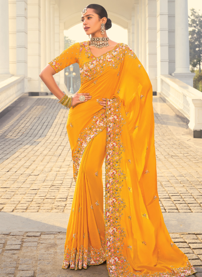 Luxurious Mustard Pure Silk Embroidered Saree with Matching Blouse-Moti, Jarkan, Thread Heavy Work
