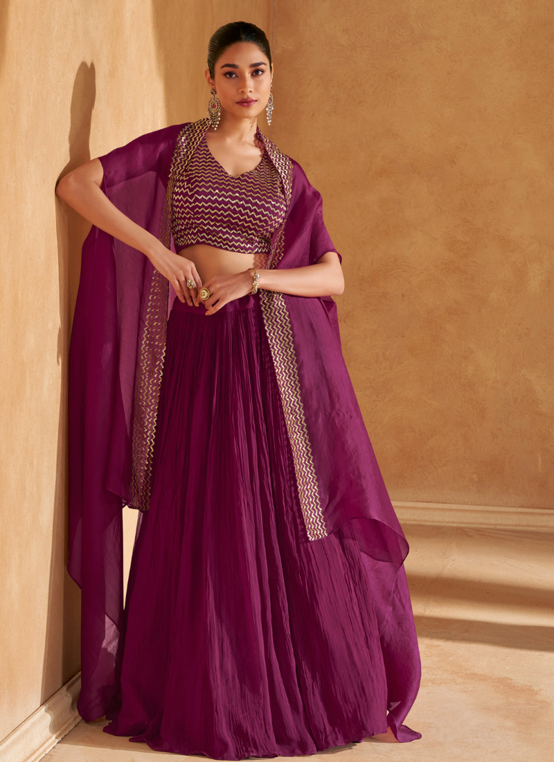 Wine Embroidered Lehenga Set with Cape Dupatta for Pakistani Festival and Indian Wedding