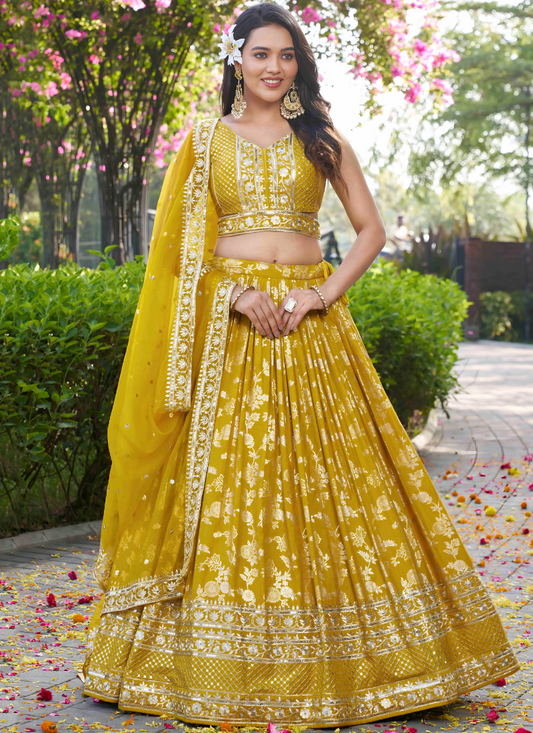 Yellow Dola Silk Lehenga Choli for Diwali Celebrations and Indian Wedding Bridesmaid Look – Hand Embroidery with Dupatta